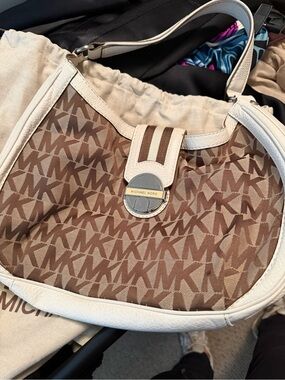 Michael Kors Brown and Cream MK Signature Hobo Shoulder Bag